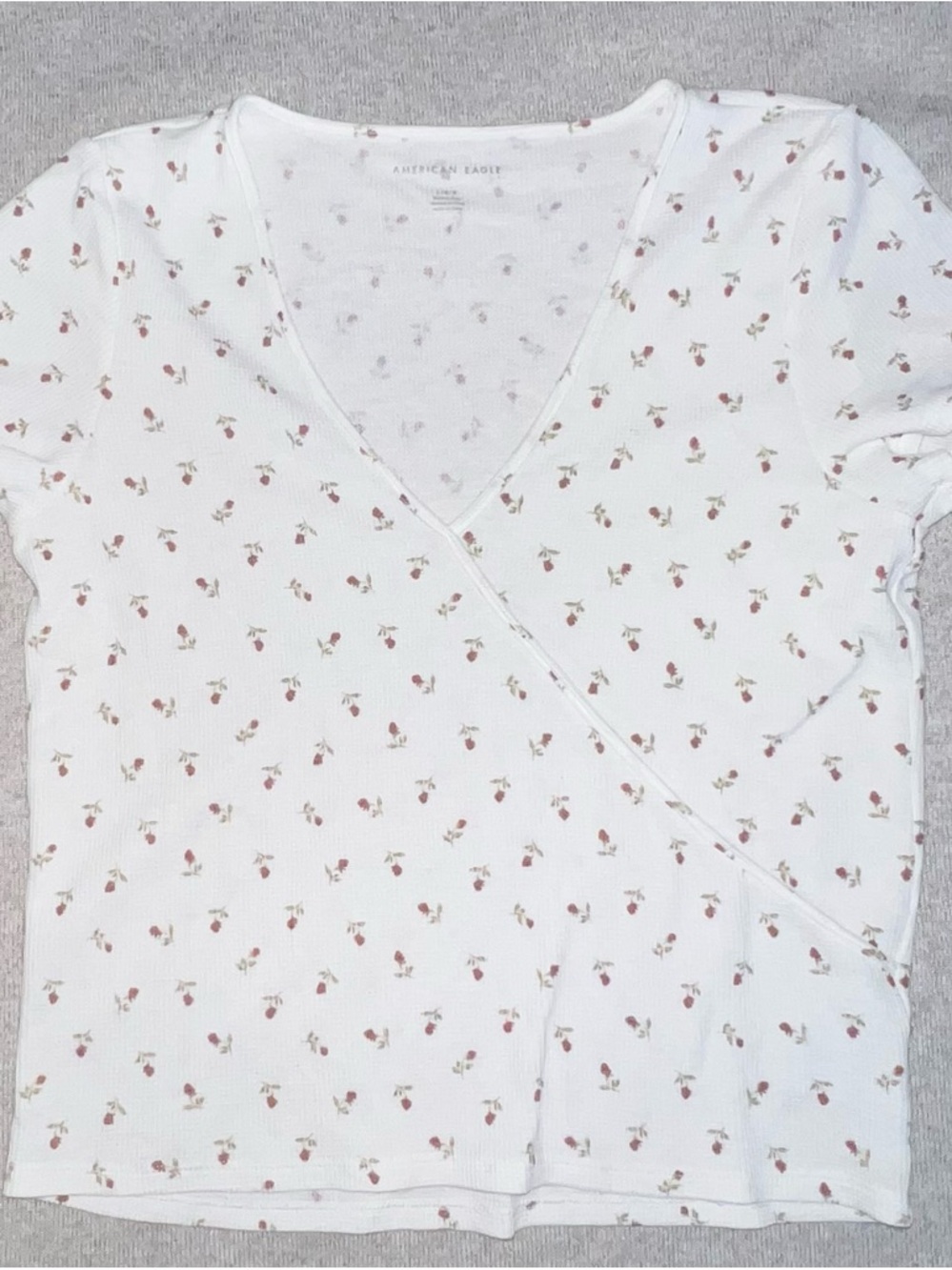 American Eagle Outfitters White Short Sleeve Wrap Top with Pink Floral Print